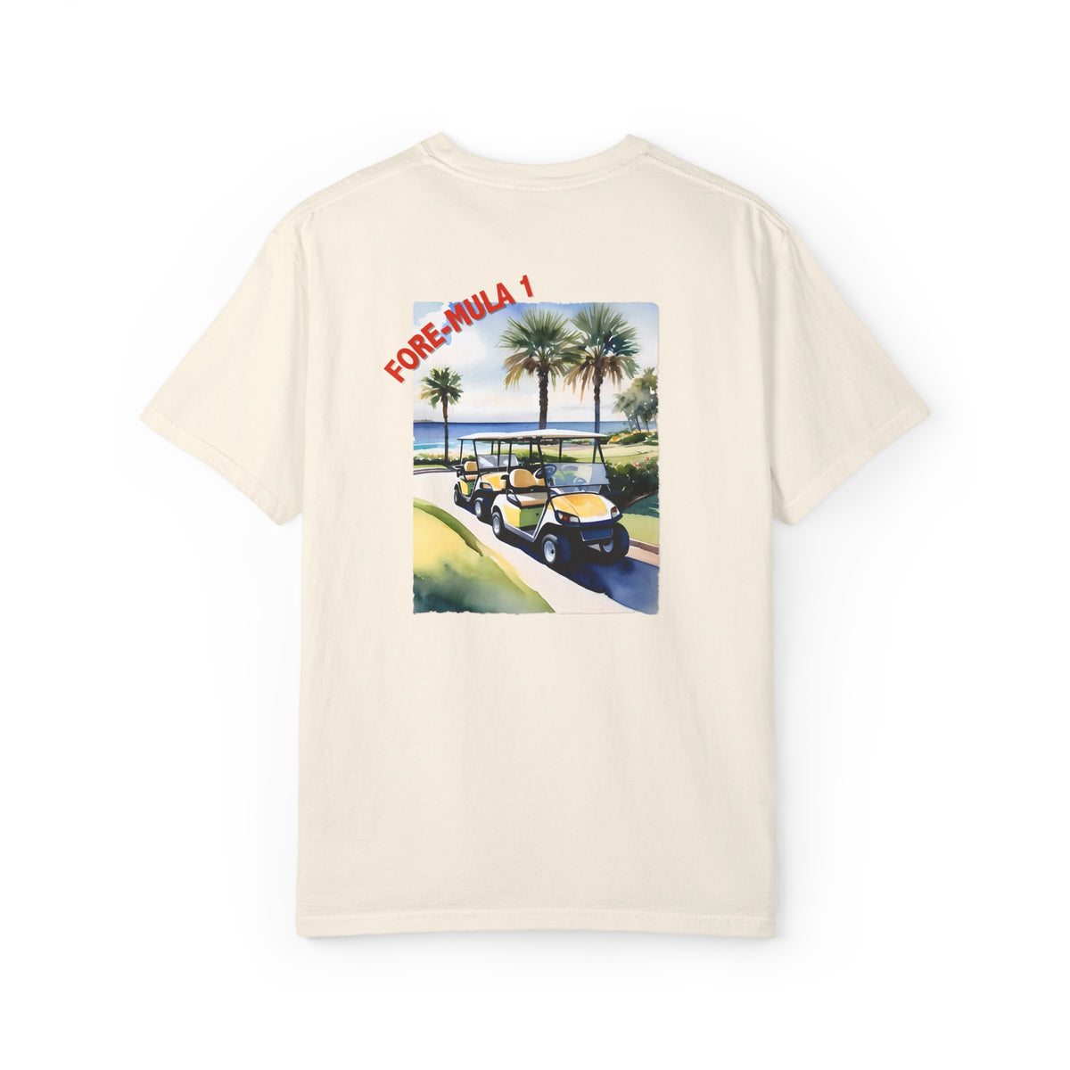 cream golf cart graphic tee shirt
